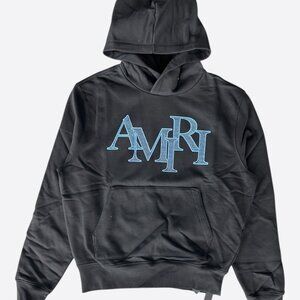 Amiri Black & Blue Crystal Staggered Logo Hoodie